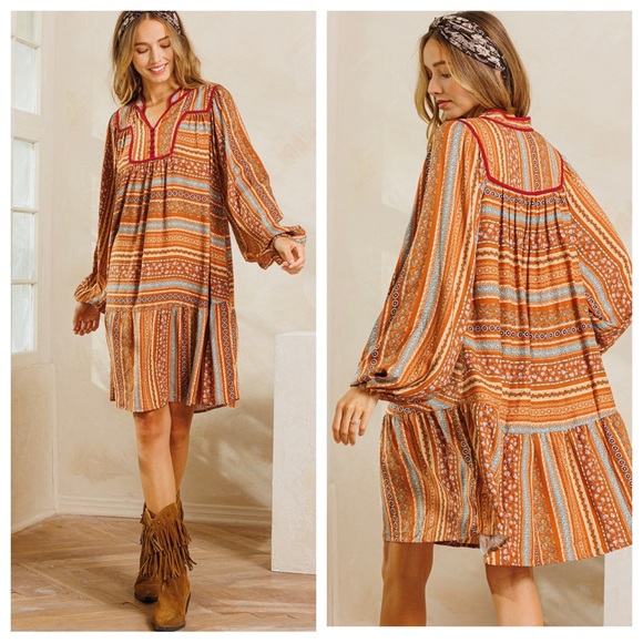 Fabulous Boho Printed caftan Style Long Balloon Sleeve Midi Dress - Picture 2 of 6